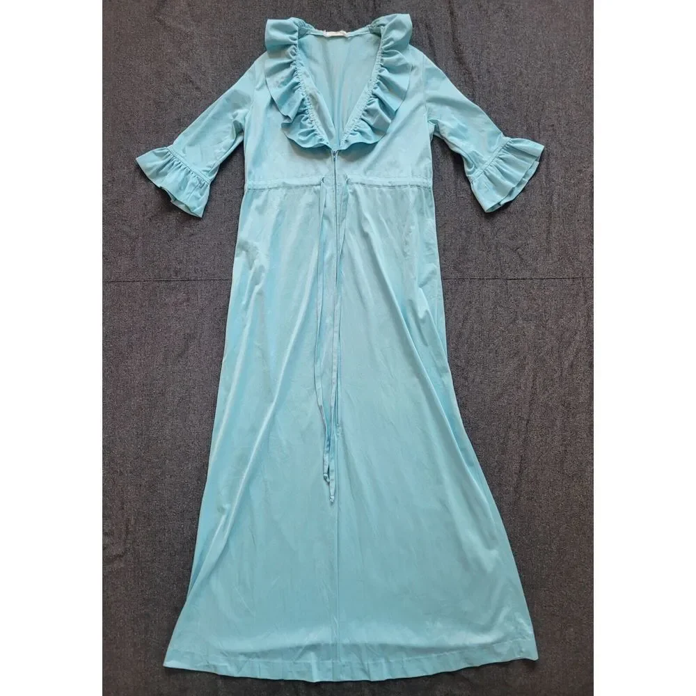 Vintage 70s Maxi Dress Baby Blue Nightgown Ruffles‎ Tie Waist Size M V Neck